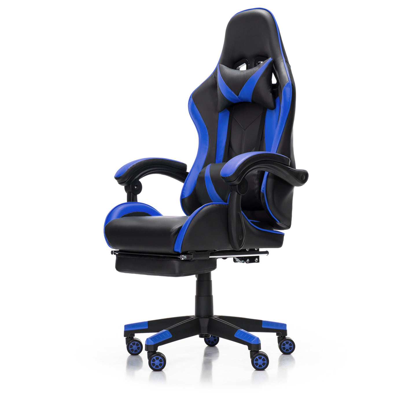 Scaun Gaming Reglabil idealStore eSPORT, Suport pentru Picioare Retractabil, Cotiere reglabile, Perne Confortabile, Modificare inclinatie spatar, Albastru Negru
