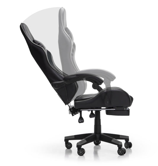 Scaun Gaming Reglabil idealStore eSPORT, Suport pentru Picioare Retractabil, Cotiere reglabile, Perne Confortabile, Modificare inclinatie spatar, Negru Gri