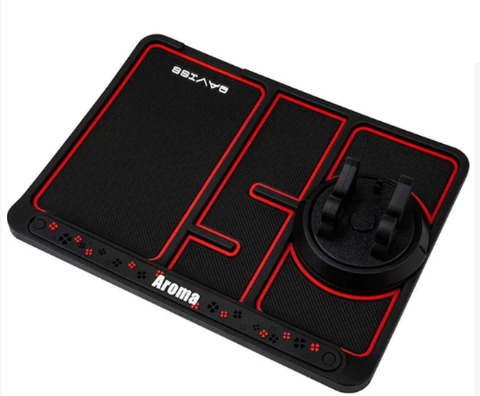 Suport auto multifunctional antiderapant pentru telefon idealSTORE, Fixarea telefonului in suport, Materialul nu permite alunecarea covorasului de pe bord, Negru-Rosu