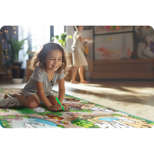 Covor de joaca termorezistent din spuma pentru camera copiilor ideal STORE First Steps, posibilitatea de a Desena, pliabil, 120x90, Sistem antialunecare, protectie impotriva loviturilor, Zoo