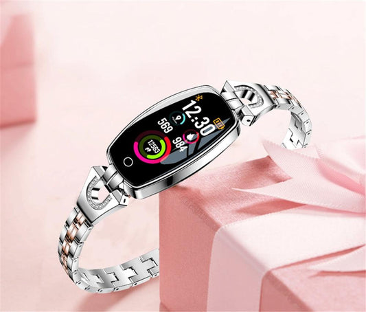 Ceas Smartwatch Sweet Lady H8 2019, Bratara metalica cu insertii elegante cu bijuterii, Monitorizare Ritm Cardiac, Sedentarism, Fitness Tracker, IP67 Waterproof, Culoare Argintiu