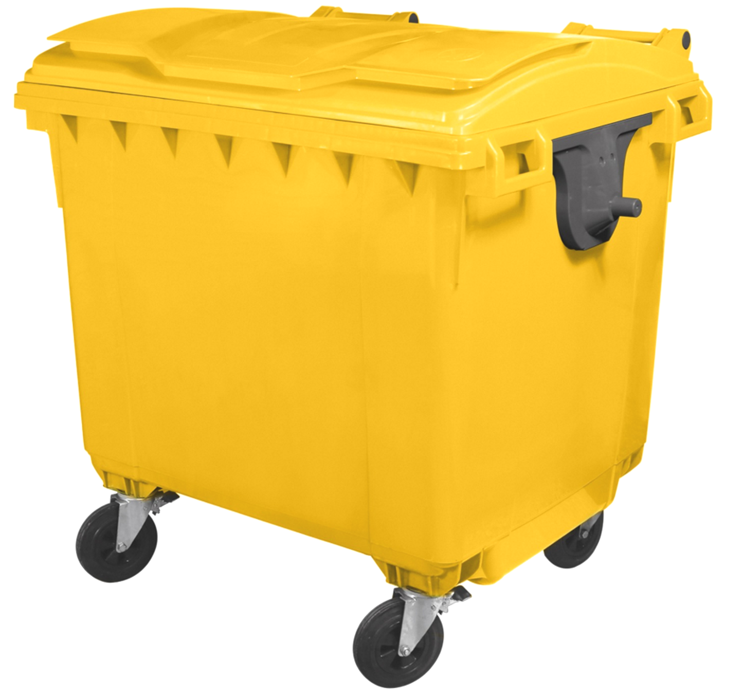 Container Profesional idealStore EcoPub, capac Plat, Roti cu rotire 360, Plastic Virgin, Metal Zincat, Rezistent la caldura-inghet si substante chimice, 660 L, Galben