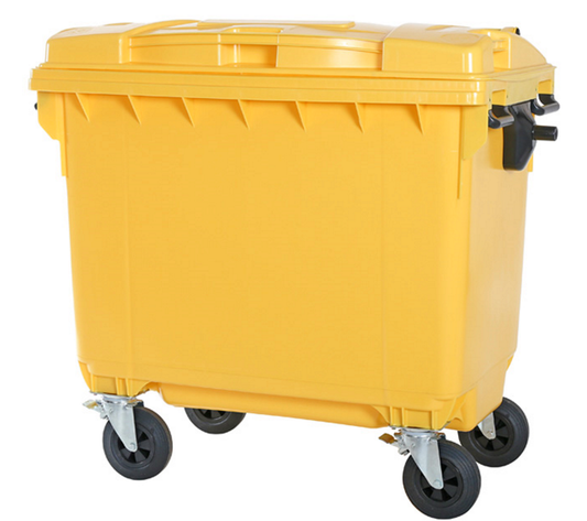 Container Profesional idealStore EcoPub, capac Plat, Roti cu rotire 360, Plastic Virgin, Metal Zincat, Rezistent la caldura-inghet si substante chimice, 660 L, Galben