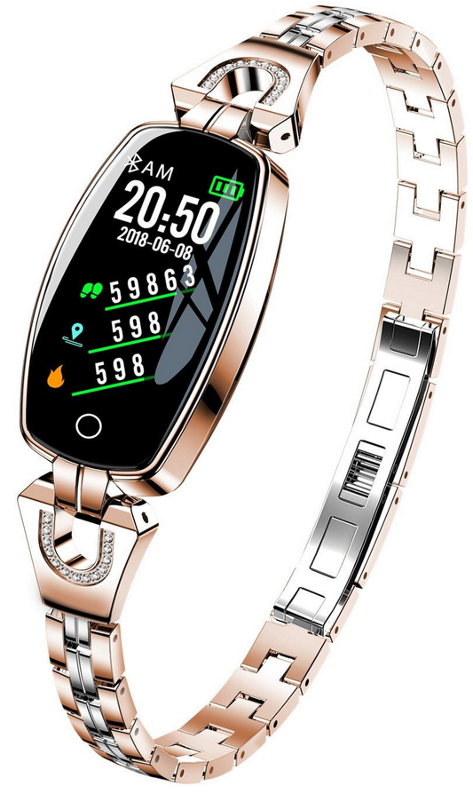 Ceas Smartwatch Sweet Lady H8 2019, Bratara metalica cu insertii elegante cu bijuterii, Monitorizare Ritm Cardiac, Sedentarism, Fitness Tracker, IP67 Waterproof, Culoare Auriu