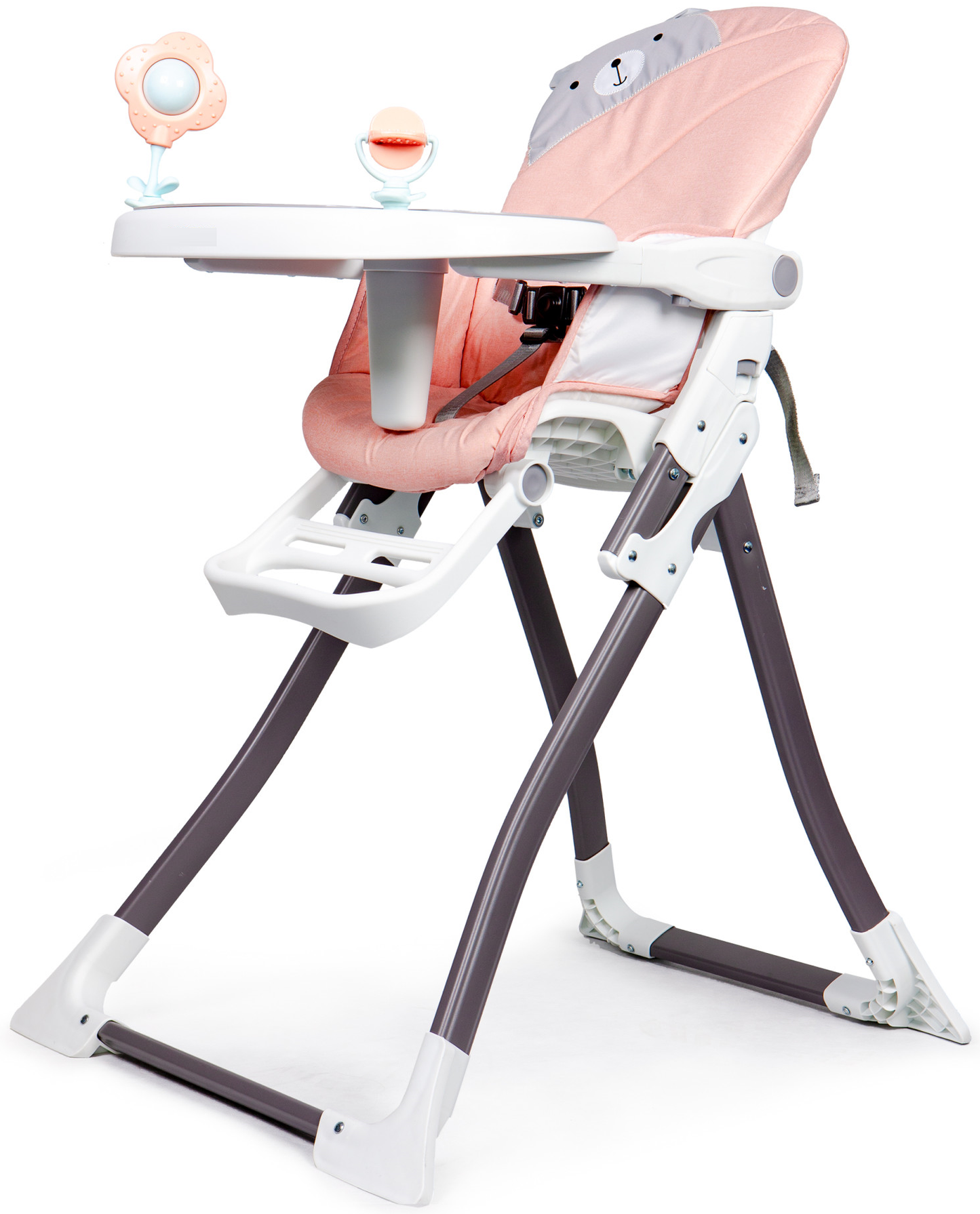 Scaun de Hranire idealStore Boom Baby Roze, Dimensiuni 95x69x50 cm, 6-36 luni, Centuri de siguranta in 3 puncte, Picioare Antiderapante Reglabila in 4 trepte, Pliabil, Sarcina 55 KG