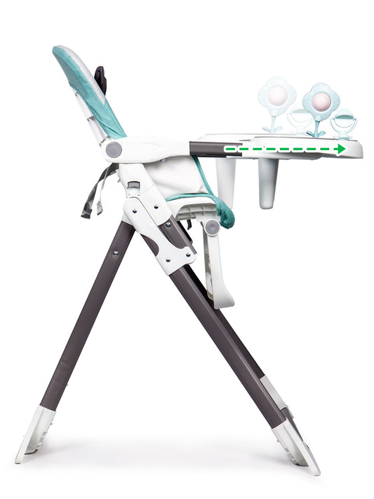 Scaun pentru Hranire idealSTORE BOOM BABY GREEN, Dimensiuni 94 x 68 x 48 cm, 6-36 luni, maxim 50 Kg, Centuri de siguranta in 3 puncte, Tava detasabila si reglabila in 3 trepte, Constructie stabila, Sistem de pliere special