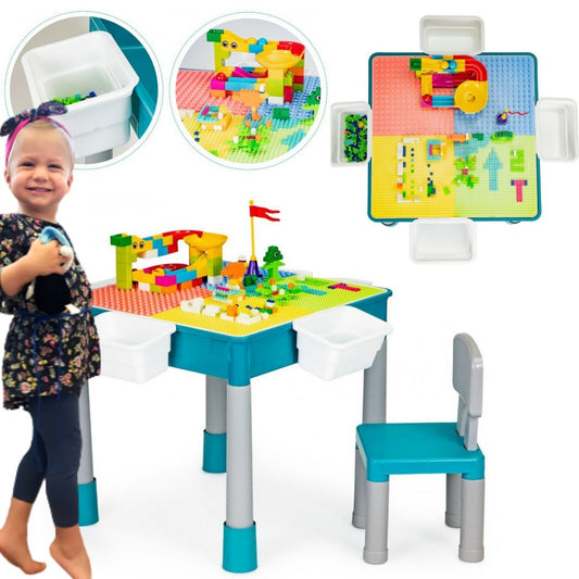 Masuta de joaca Multifunctionala cu Scaun idealSTORE, Dimensiuni 51 x 51 x 48 cm, Structura stabila si durabila, Include 4 containere laterale pentru blocuri, Blocuri incluse, Spatiu pentru depozitare, Perfect pentru a crea o opera de arta
