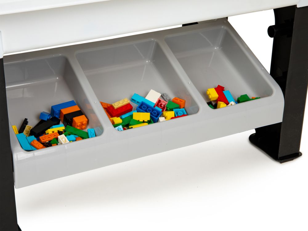 Masa de Joaca Little Player idealStore, Pliabila, Dimensiuni 67.5 x 35 x 30 cm, 300 Piese, Blat de Masa Detasabil, Suporturi Laterale Incluse, Posibilitate de Depozitare sub Masa, Materiale Rezistente si Sigure