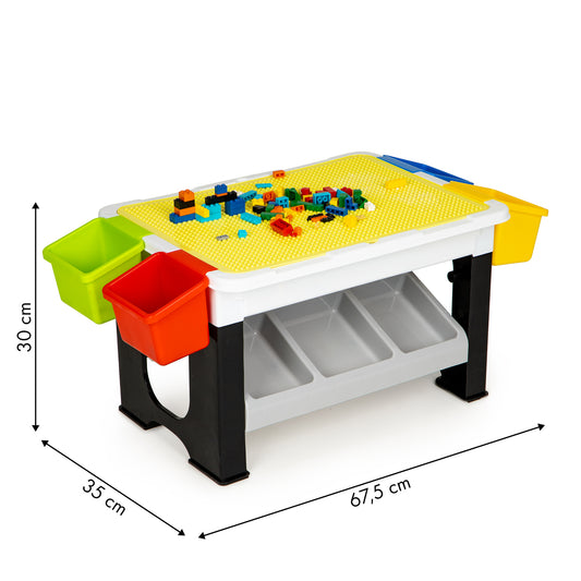 Masa de Joaca Little Player idealStore, Pliabila, Dimensiuni 67.5 x 35 x 30 cm, 300 Piese, Blat de Masa Detasabil, Suporturi Laterale Incluse, Posibilitate de Depozitare sub Masa, Materiale Rezistente si Sigure
