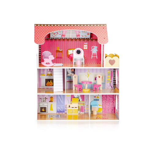 Casuta de papusi din lemn THE PRINCESS'S PALACE idealSTORE, Dimensiuni 60 x 27 x 79 cm, Structura pe 3 nivele, 5 camere distincte, Include 8 mobiliere din lemn, Banda led si o telecomanda pentru culoarea luminii