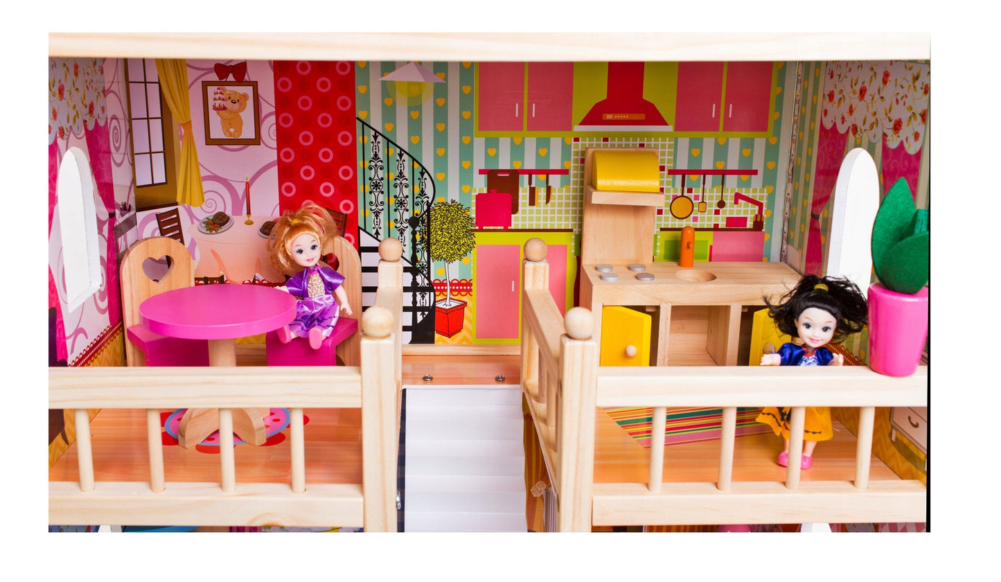 Casuta de papusi din lemn idealSTORE FABULOUS RESIDENCE, Accesorizata cu lumina LED, Dimensiuni 90 x 60 x 30 cm, Constructie pe 3 nivele, Include 3 camere, piscina si 14 piese de mobilier