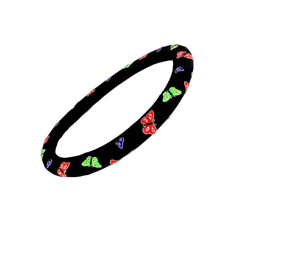 Husa de volan PREMIUM, Marimea M, Model cu fluturi din imitatie de piele pentru un aspect placut al masinii si un confort sporit, Reduce gradul de oboseala, permite manevrarea mult mai usoara a volanului si protejeaza impotriva degradarii, Multicolor