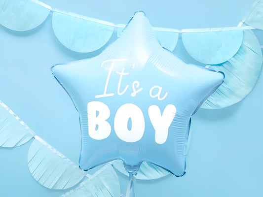 Balon It's a Boy IdealStore, Din folie in forma de stea, De culoare albastru cu impriumeu alb, Dimensiune 48 cm, Poate fi umflat atat cu Aer cat si cu Heliu, Ideal pentru petrecerea Baby Shower