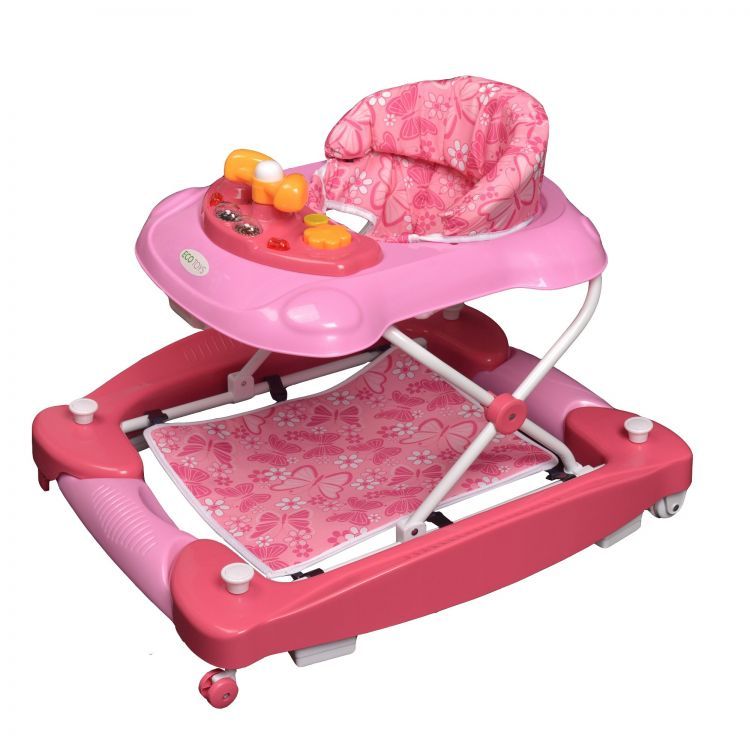 Premergator Interactiv IDL Pink Baby First Step pliabil pentru bebelusi cu panou Interactiv, inaltime reglabila, functie basculanta, roti spate cu blocare si sistem de siguranta anti-cadere pentru copil, Culoare Roz