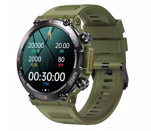 Ceas Smartwatch ARMYWatch IdealStore, Ecran tactil de 1.28 HD Inch, Functie de Preluare Apel, Difuzor si Microfon incorporat, Notificari Facebook, Whatssapp, Instagram, Rezistent la apa IP 68, Tensiune arteriala, Cronometru, Pedometru, Green Edition