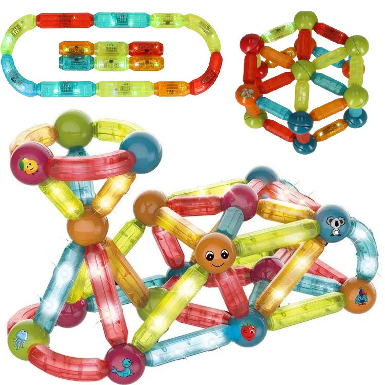 Blocuri Magnetice idealStore StiksMag, 76 Elemente, cu Lumini, Se pot crea Multiple Figuri si Cladiri, Piese de dimensiuni Mari, Dezvolta Abilitatile Manuale, Abilitati Motorii Fine, Imaginatia Spatiala