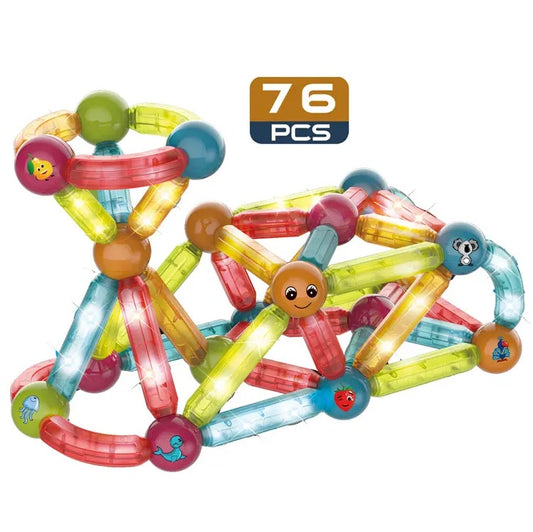 Blocuri Magnetice idealStore StiksMag, 76 Elemente, cu Lumini, Se pot crea Multiple Figuri si Cladiri, Piese de dimensiuni Mari, Dezvolta Abilitatile Manuale, Abilitati Motorii Fine, Imaginatia Spatiala