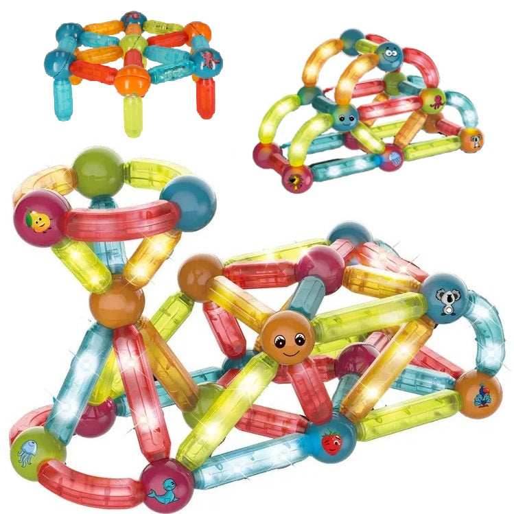 Blocuri Magnetice idealStore StiksMag, 52 Elemente, cu Lumini, Se pot crea Multiple Figuri si Cladiri, Piese de dimensiuni Mari, Dezvolta Abilitatile Manuale, Abilitati Motorii Fine, Imaginatia Spatiala