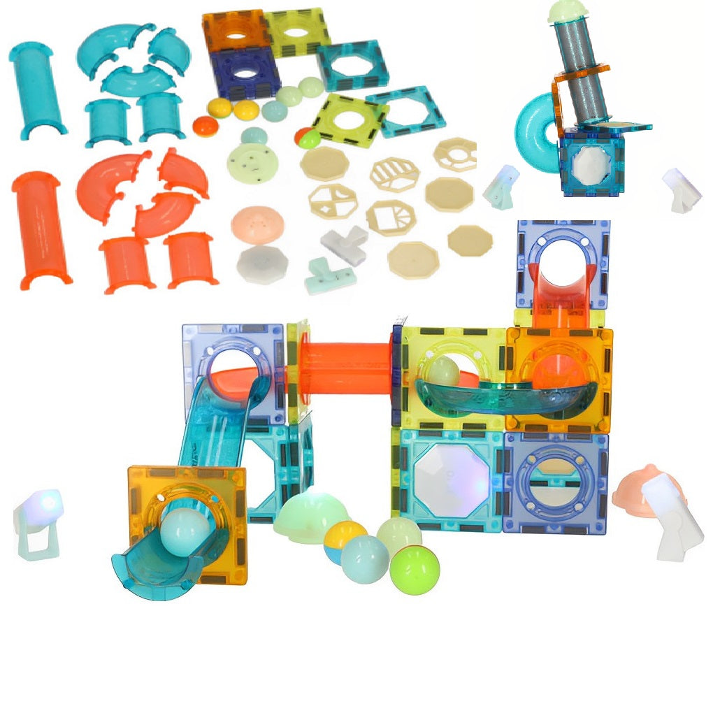 Set de constructie IdealStore, Blocuri magnetice luminoase, Pista cu bile stralucitoare, Dimensiune pachet 27 X 13 X 7.5 cm, Contine 49elemente, 4bile,20autocolante,16blocuri patrate, Dezvolta perfect motricitatea si precizia degetelor, Multicolor