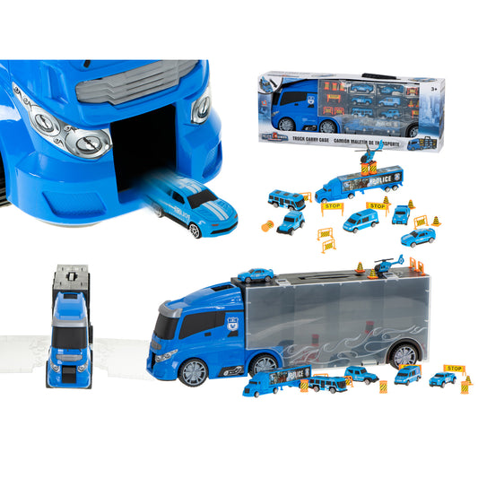 Camion Transportator Police Rescue idealSTORE, Dimensiuni 57 x 11 x 20 cm, Include 7 Vehicule din Plasctic, Semne de Circulatie, Capacitate pana la 26 de Masini, Lansator de Masini, Maner pentru Transport