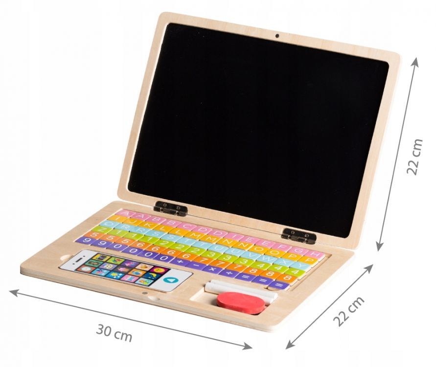 Laptop din lemn, pentru copii, cu 78 elemente magnetice