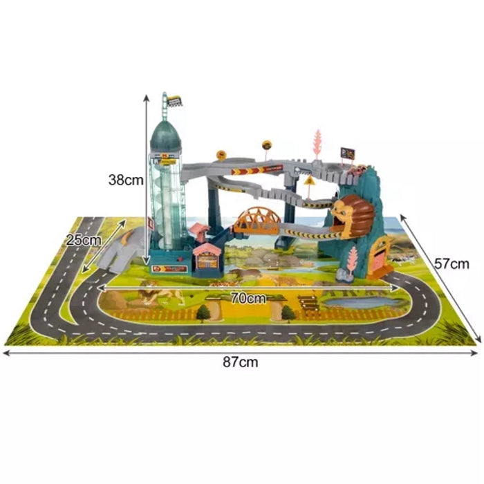 Set de Joaca ideal STORE Lion Adventures, pista interactiva cu obstacole, turn cu lift automat, include 4 masinute si parcare ideal pentru o experienta unica