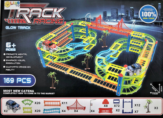 Set pista auto cu doua masinute idealStore CITY GLOW, Contine un total de 169 de piese colorate incluzand doua masinute iluminate LED, Setul flexibil permite dezvoltarea imaginatie si ablitatile practice