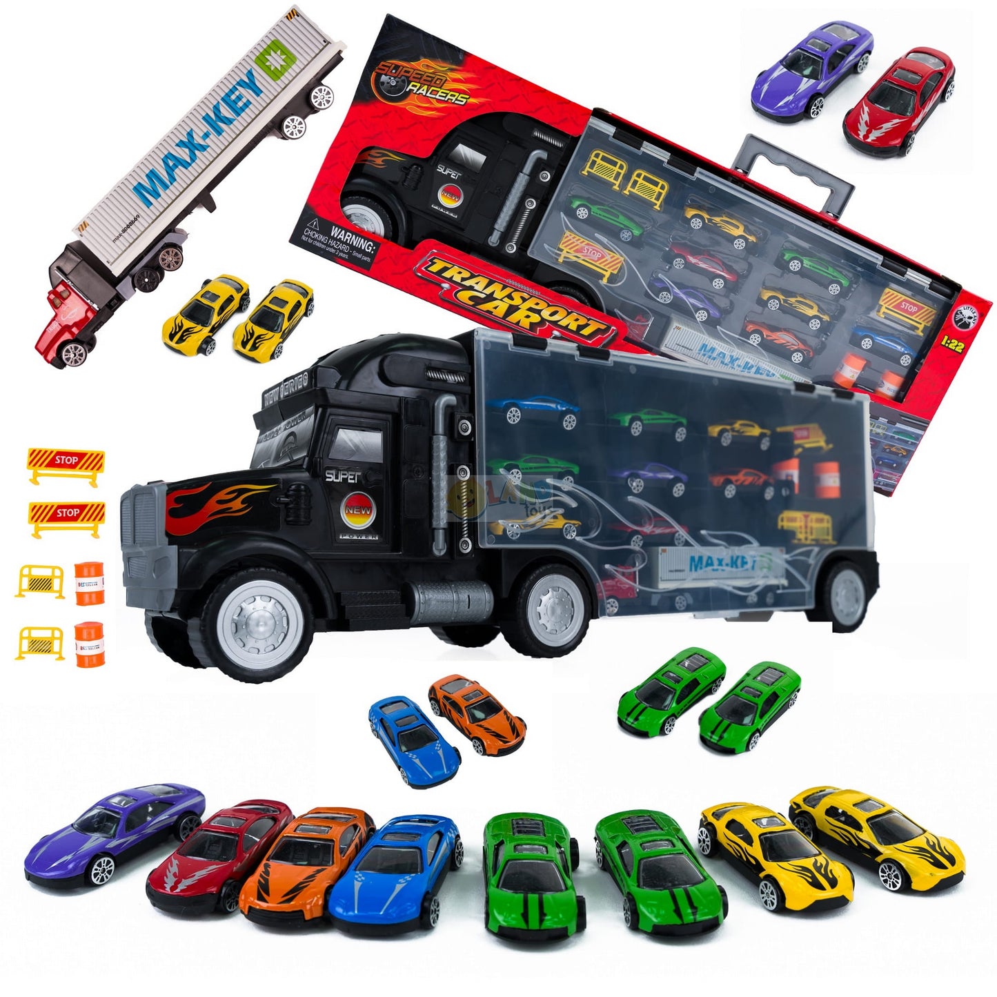 Set Camion interactiv stil valiza MAX-KEY idealstore, Dimensiuni 57 x 20 cm, Include 9 vehicule si semne de circulatie, Accesorizat cu spatiu special pentru depozitarea colectiilor de masini, Dezvolta abilitati manuale