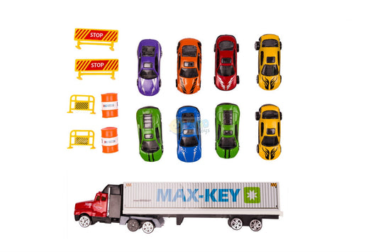 Set Camion interactiv stil valiza MAX-KEY idealstore, Dimensiuni 57 x 20 cm, Include 9 vehicule si semne de circulatie, Accesorizat cu spatiu special pentru depozitarea colectiilor de masini, Dezvolta abilitati manuale
