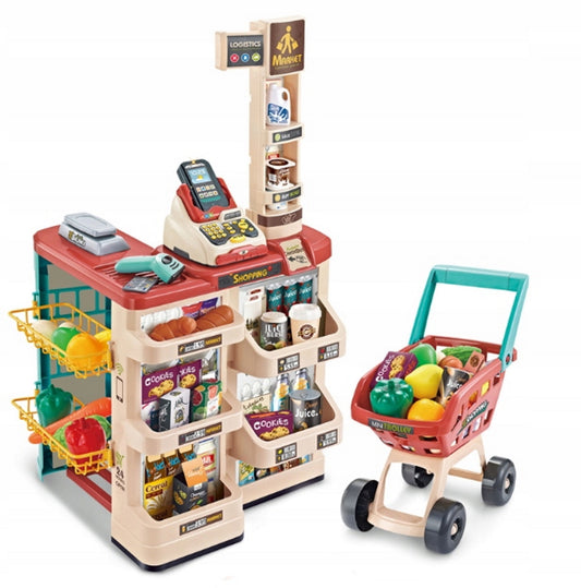 Supermarket copii MARKET BUSINESS idealSTORE, Dimensiuni 82 x 41 x 48, Include produse alimentare, carucior pentru cumparaturi, scaner cu sunet si lumina rosie, casa de marcat, bani de hartie