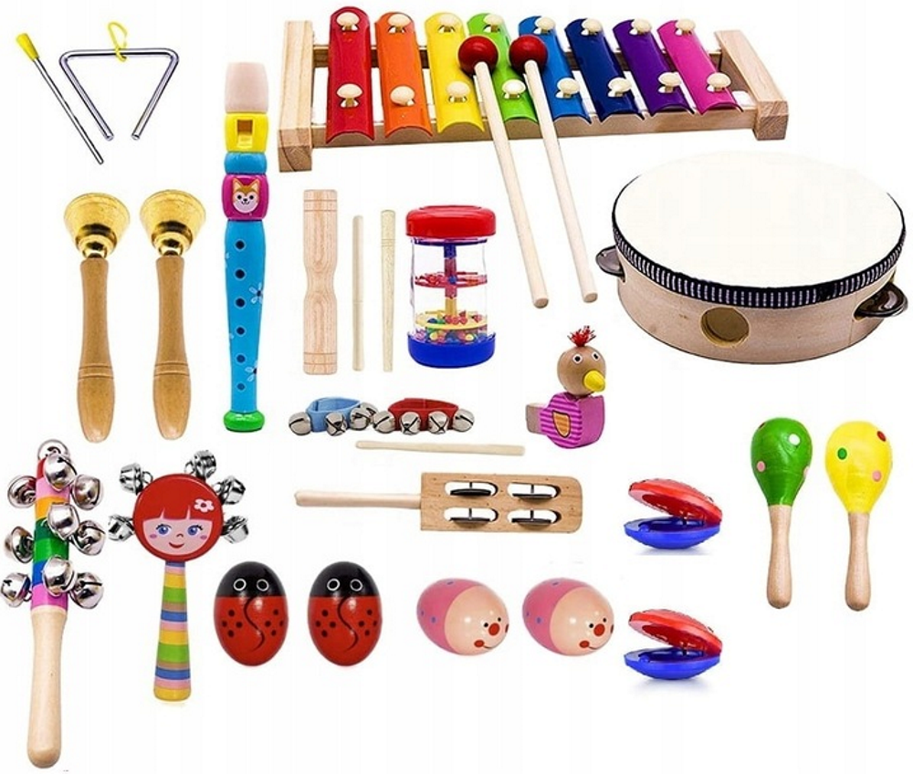 Instrumente Muzicale Din Lemn Little Musician idealSTORE, Include o Multime de Instrumente, Fluier, Toba, Clopotel, Saculet pentru Depozitare Ajuta la Dezvolatarea Auzului Muzical si al Abilitatilor Motorii