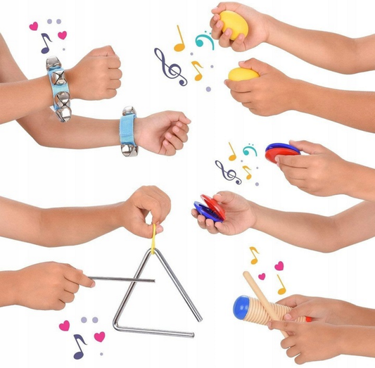 Instrumente Muzicale Din Lemn Little Musician idealSTORE, Include o Multime de Instrumente, Fluier, Toba, Clopotel, Saculet pentru Depozitare Ajuta la Dezvolatarea Auzului Muzical si al Abilitatilor Motorii