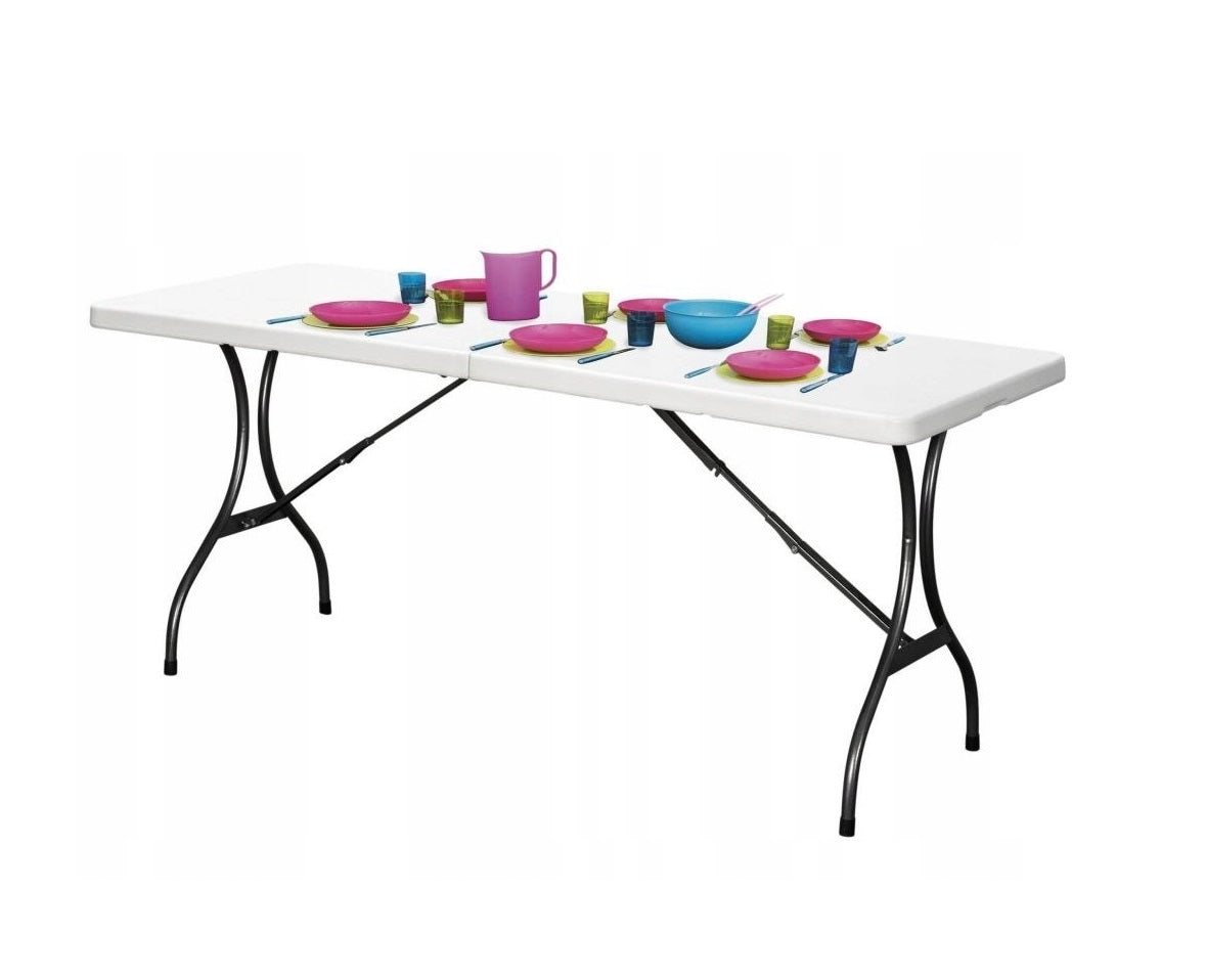 Masa Pliabila Tip VALIZA IDL, WHITE DELUXE-Colectie 2019, Dimensiuni: 240 x 74 x 70 cm, Constructie din OTEL, acoperita cu pulbere, cu Bloc Stabilizator, Ideala pentru interior/exterior, Posibilitatea de pliere rapida a mesei intr-o valiza cu maner