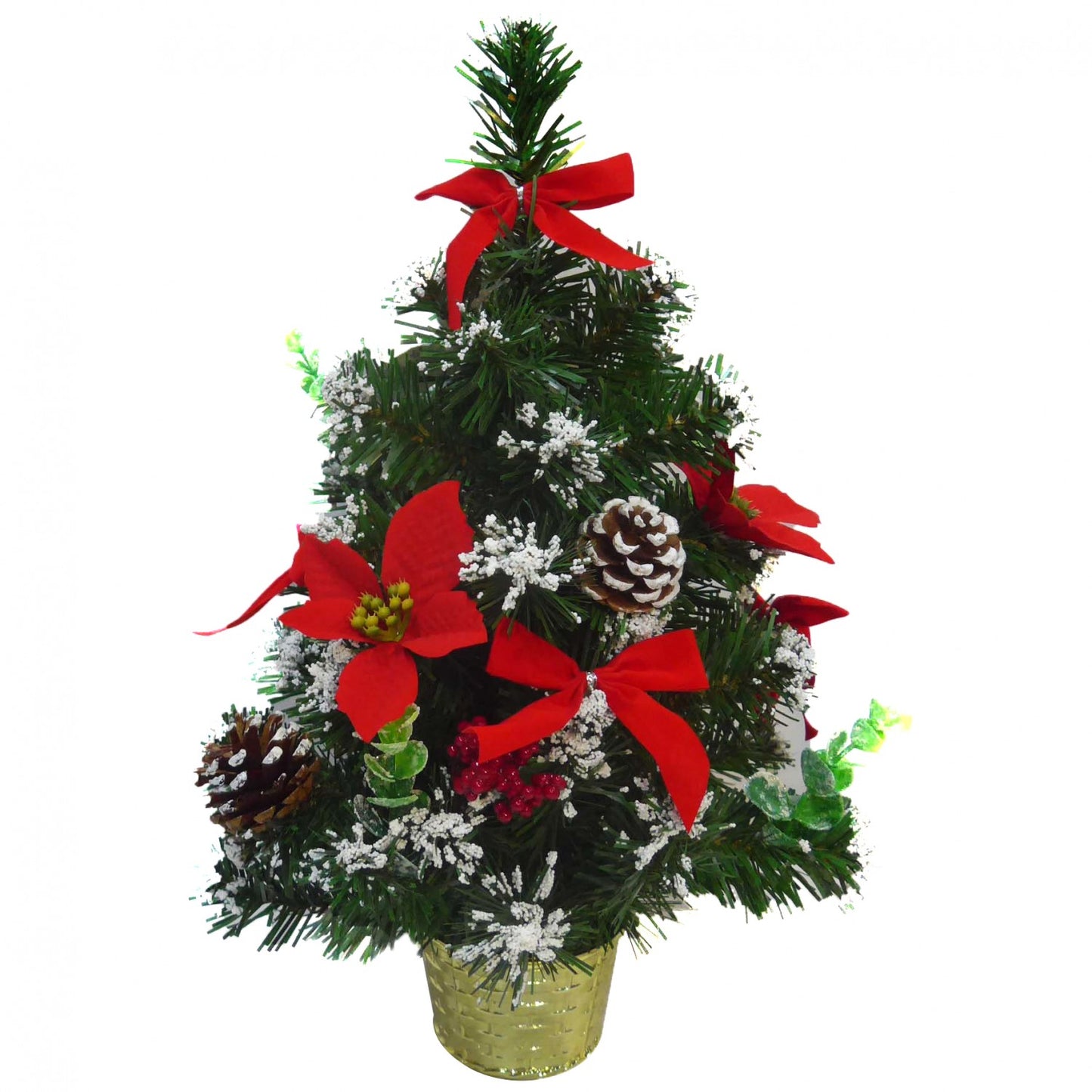 Mini Bradut IDL, INALTIME 45 cm, Culoare Verde- Rosu - Auriu ce creeaza un decor de poveste la masa de Craciun, Alcatuit din elemente simbolice: fundite rosii, conuri si crengute organizate intr-un mini ghiveci