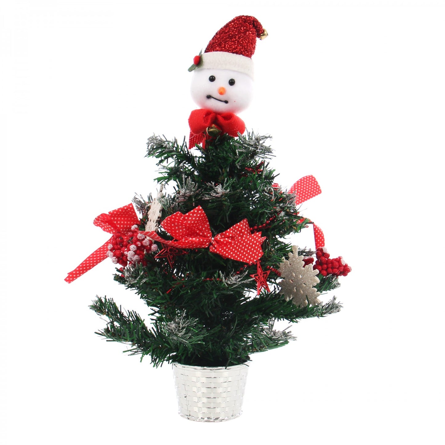 Mini Bradut IDL, INALTIME 45 cm, Culoare Verde - Rosu - Argintiu ce creeaza un decor de poveste la masa de Craciun, Alcatuit din elemente simbolice: om de zapada, ghirlande, stelute si glob organizate intr-un mini ghivechi