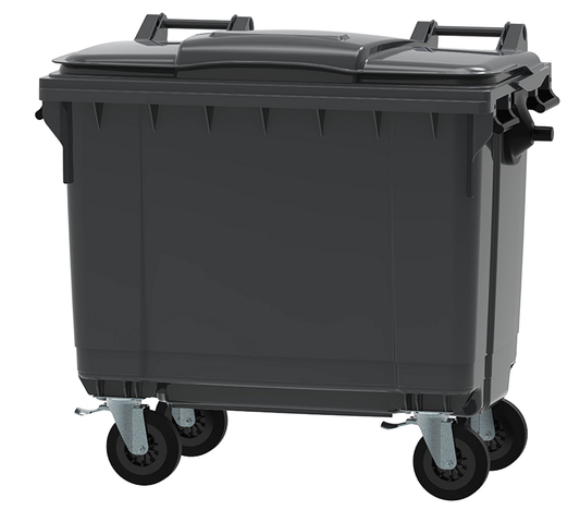 Container Profesional idealStore EcoPub, capac Plat, Roti cu rotire 360, Plastic Virgin, Metal Zincat, Rezistent la caldura-inghet si substante chimice, 660 L, Negru
