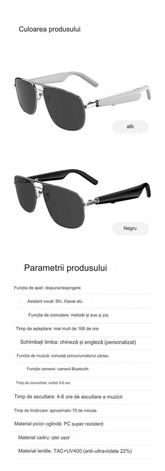 Ochelari de Soare Inteligenti Optimo Star idealSTORE, Bluetooth V5.0, Android/IOS, 2 Difuzoare, Voice Assistant, Apel Audie Smart, Control Muzica, Functie Camera, UV400, Impermeabili, Lentile Polarizate, Sistem Anti-Orbire, Autonomie Mare