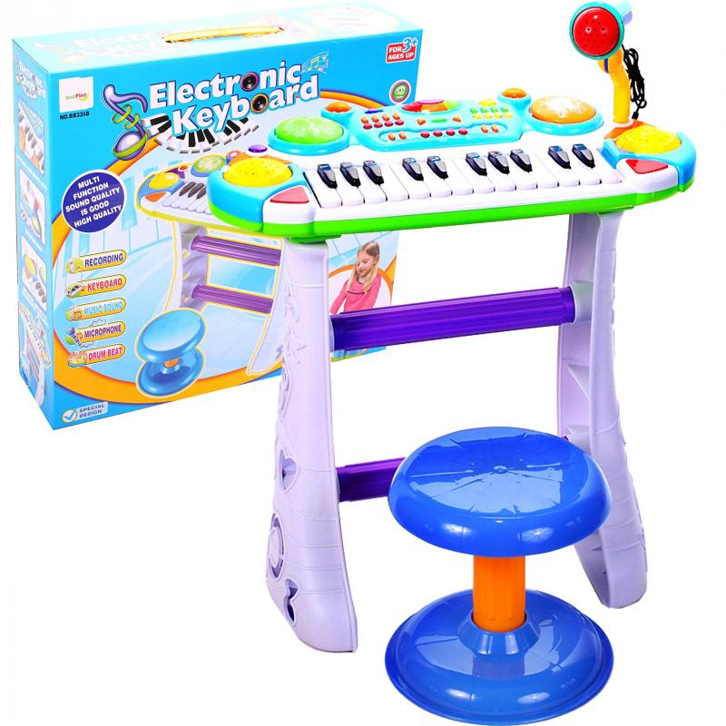 Orga Interactiva electronica IDL Mica Artista cu Scaunel si Microfon, Dimensiune 45,0 x 20,0 cm, Orga cu 24 Clape Silentioase, 16 Tipuri de melodii, Lumini Colorate, Buton pentru inregistrare si redare, materiale calitative, Culoare Albastru