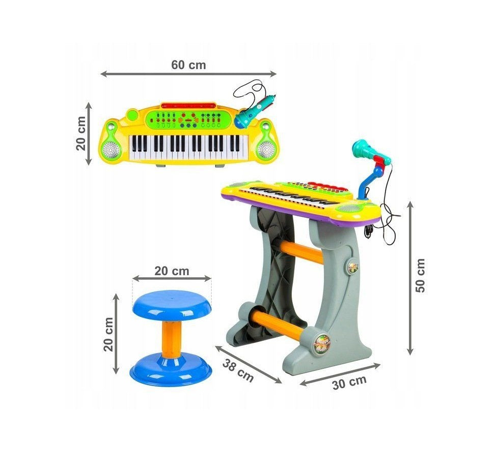 Orga Electronica cu Microfon, Scaunel si Led-uri idealSTORE, Dimensiuni 50 x 38 x 30 cm, Echipata cu 37 taste de Pian, Ritmuri si sunete de instrumente diferite