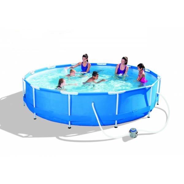 Piscina cu cadru metalic FAMILY idealSTORE, Dimensiuni 366 x 76 cm, Include valva de golirea apei, pompa de filtrare, Capacitate 6503 L, Material PVC, Metal, Culoare albastru, Ideala pentru verile calduroase