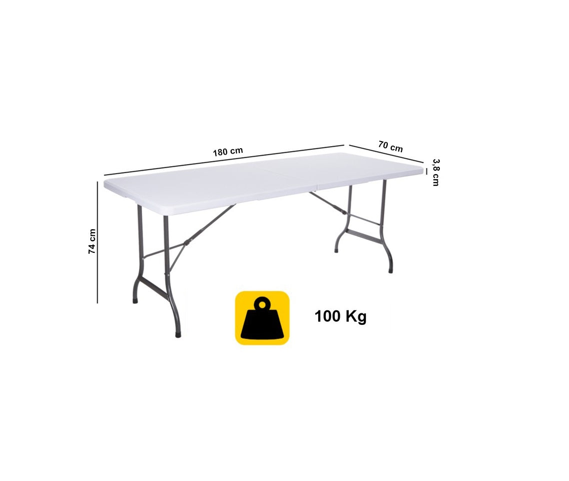 Masa Pliabila Tip VALIZA IDL, WHITE DELUXE-Colectie 2019, Dimensiuni: 180 x 74 x 70 cm, Constructie din OTEL, acoperita cu pulbere, cu Bloc Stabilizator, Ideala pentru interior/exterior, Posibilitatea de pliere rapida a mesei intr-o valiza cu maner