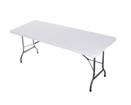 Masa Pliabila Tip VALIZA IDL, WHITE DELUXE-Colectie 2019, Dimensiuni: 180 x 74 x 70 cm, Constructie din OTEL, acoperita cu pulbere, cu Bloc Stabilizator, Ideala pentru interior/exterior, Posibilitatea de pliere rapida a mesei intr-o valiza cu maner