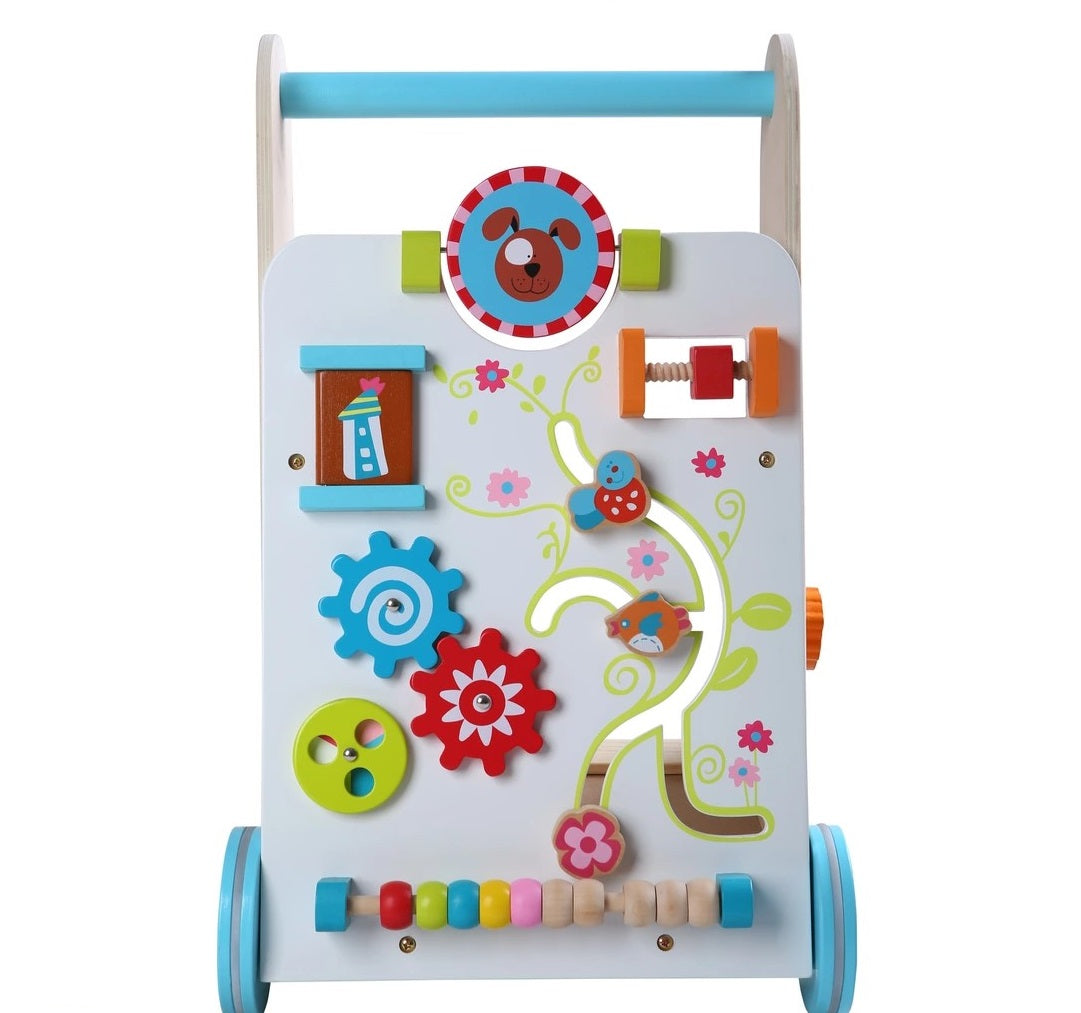 Premergator din LEMN cu Centru de Activitati IDL, FUNNY Figurines, Modeleaza armonios Dezvoltarea COGNITIVA a micutului, Fiecare element are o functionalitate si un caracter diferit ce ii ajuta sa descopere lumea din jurul lor, Albastru