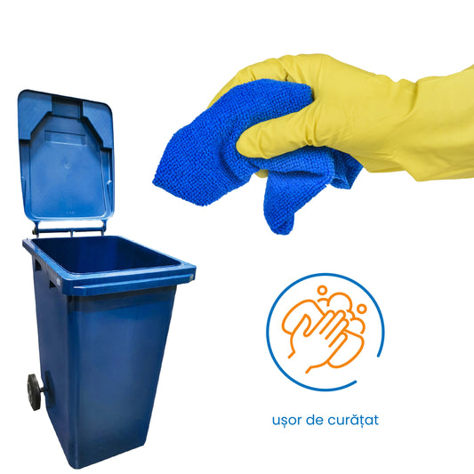 Pubela profesionala rezistenta, 240 l, IdealStore EcoPub, cu capac, roti durabile, din plastic de inalta densitate HPDE, rezistenta la inghet si la calduri mari, usor de curatat, albastru