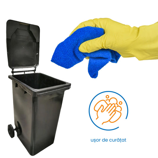 Pubela profesionala rezistenta, 240 l, IdealStore EcoPub, cu capac, roti durabile, din plastic de inalta densitate HPDE, rezistenta la inghet si la calduri mari, usor de curatat, negru