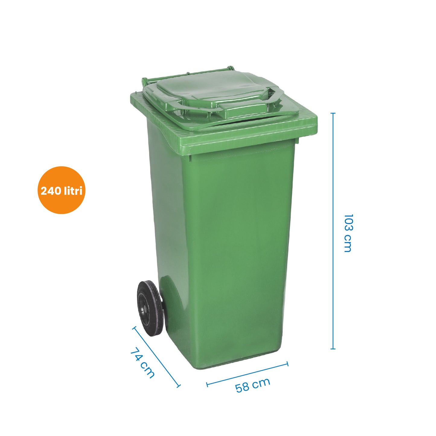Pubela profesionala rezistenta, 240 l, IdealStore EcoPub, cu capac, roti durabile, din plastic de inalta densitate HPDE, rezistenta la inghet si la calduri mari, usor de curatat, verde