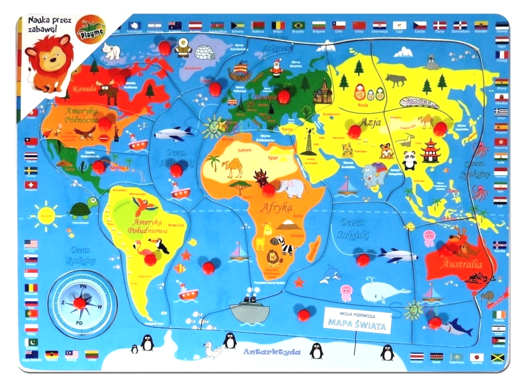 Puzzle educativ din lemn idealSTORE MAP World Mine, Dimensiuni 40 x 30 x 1.5 cm, Include 16 piese in culori expresive, Ajuta la antrenarea gandirii prin distractie si educatie