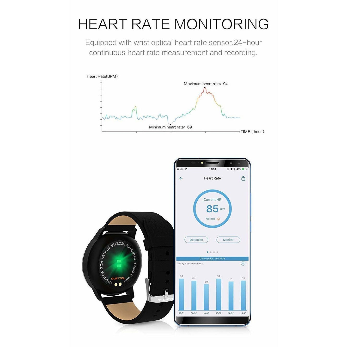 Smartwatch si Bratara Fitness Smart SportQuest 8, Monitorizare Puls, Pasi, Calorii, Notificare Mesaje, IP67 Waterproof, Curea de Piele Neagra, Culoare Negru