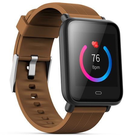 Ceas Smartwatch si Bratara Fitness QFit Nine 2018, Cu Monitorizare Puls, Pasi, Calorii, Notificare Mesaje, IP67 Waterproof, Culoare : Maro, Alaturi de Bratara de Rezerva CADOU