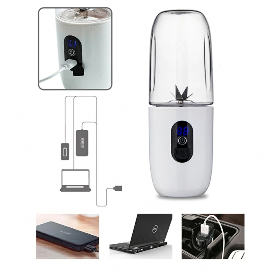 Mini Blender Electric RealMix White IdealStore, Portabil, Incarcare magnetica la orice port USB, 6 Lame din otel inoxidabil, Capacitate 510 ml, Putere 25.000 rpm, Usor de curatat, Afisaj LCD